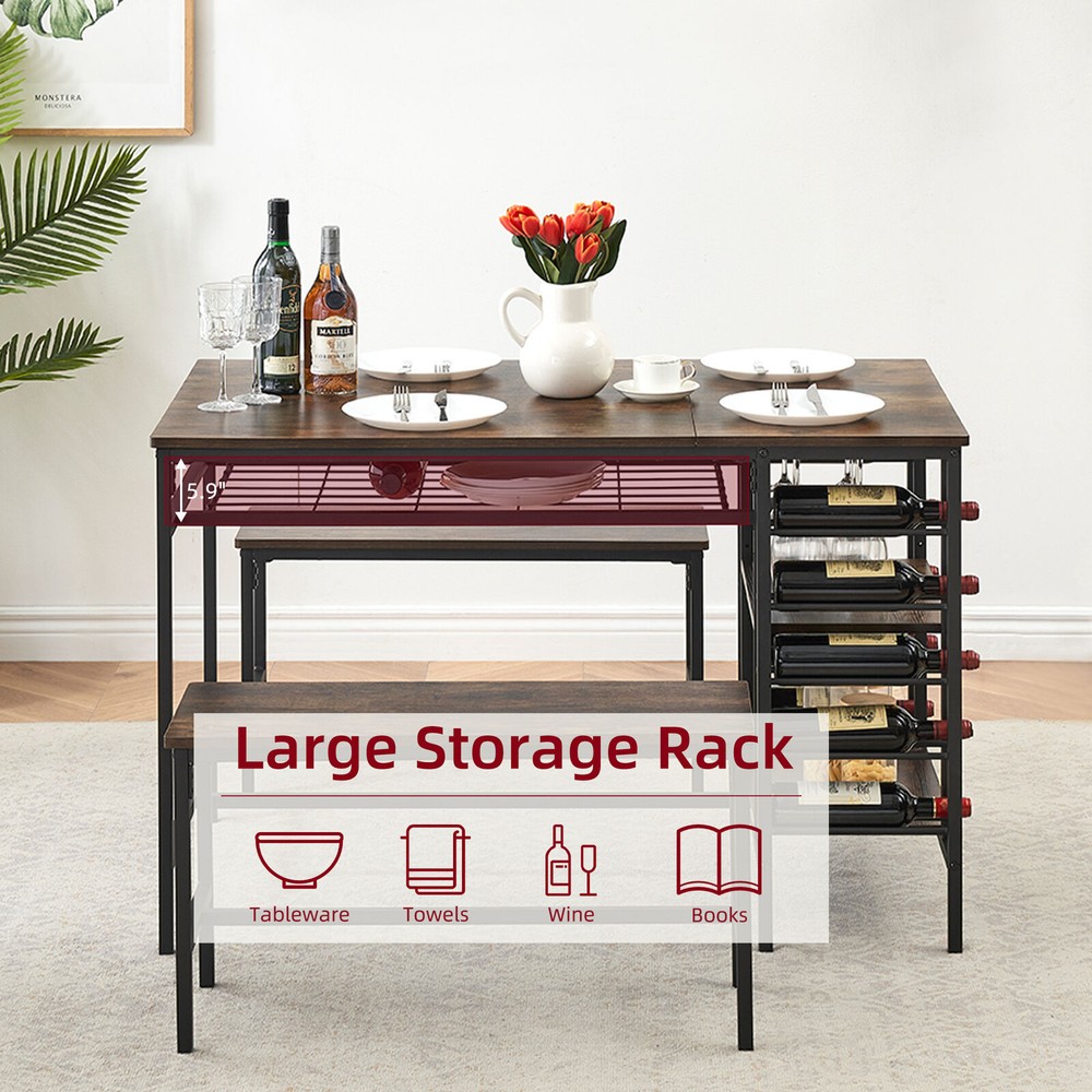 3 Piece Kitchen Dining Table Set for 4 with 2 Benches＆Wine Rack Rustic Brown