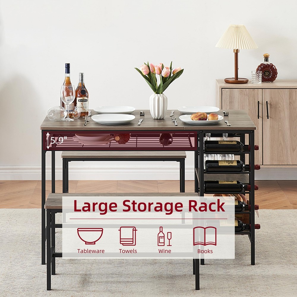 Dining Table Set for 4 Kitchen Table & 2 Benches ,Wine Rack, Storage Shelf ,Grey