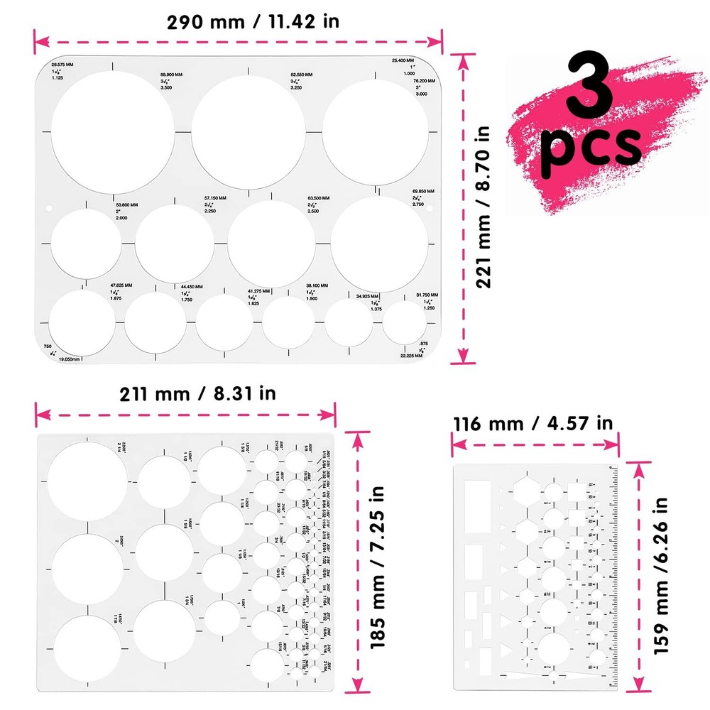3 Pack Circle Template Round Stencil for Drafting Building Formwork Drawing