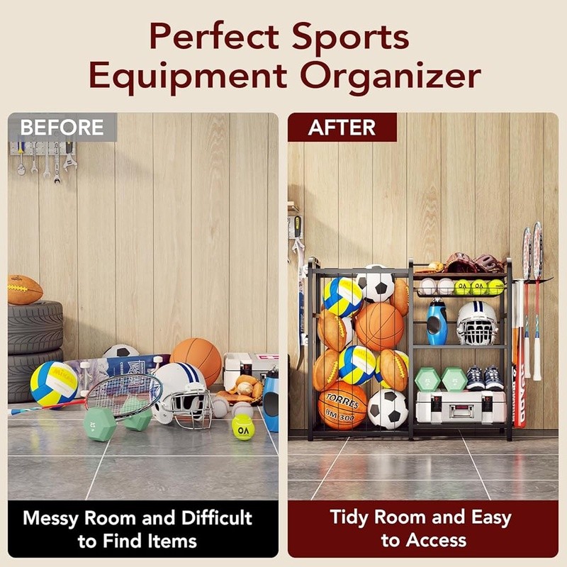 Sports Ball Storage Rack W/ Pull-Out Basket Multi-Function Hooks Organizer Black
