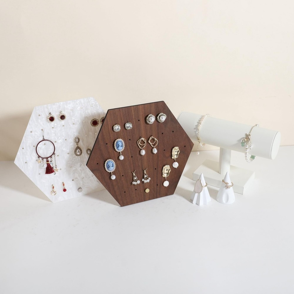 GemeShou Walnut earring organizer board, Hexagon sharp earring display stand ...