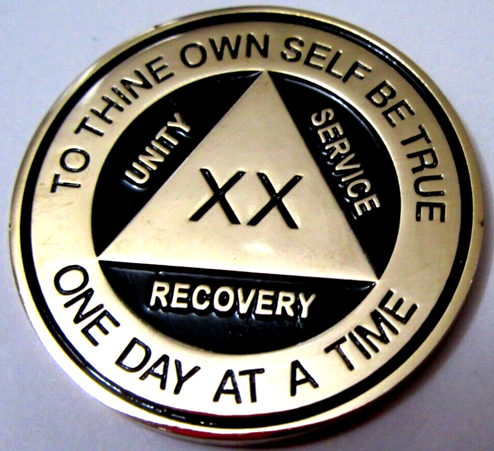 Gold Plate Alcoholics Anonymous AA 20 Year Medallion Coin Token Chip