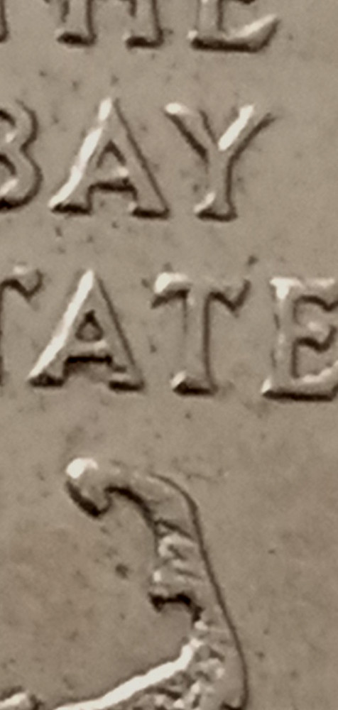 2000 D Massachusetts State Quarter with striking errors, Doubling on Letters.