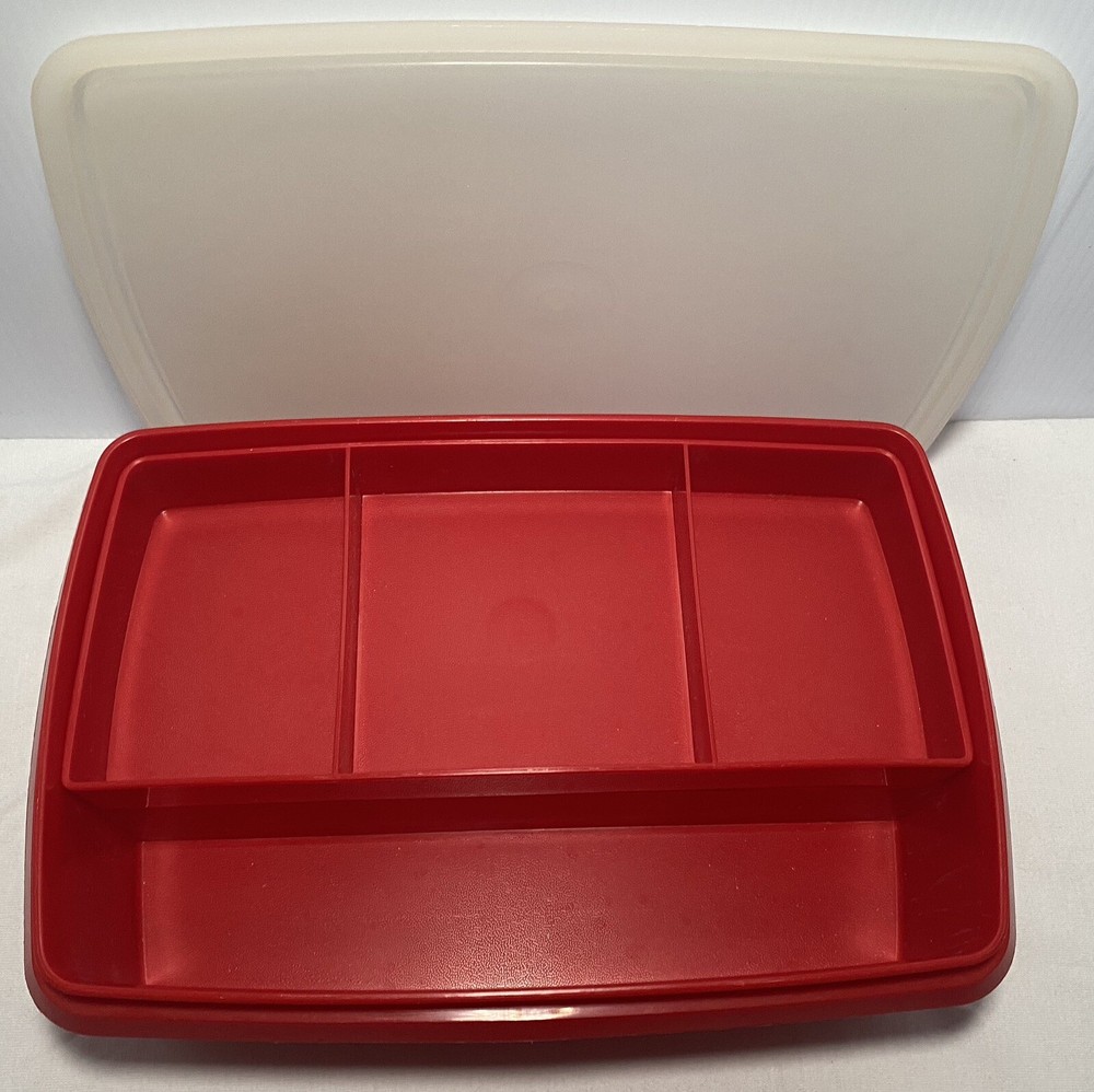 2pc Tupperware 767-14 Tuppercraft Plastic Red Sewing Box Kit Set T2