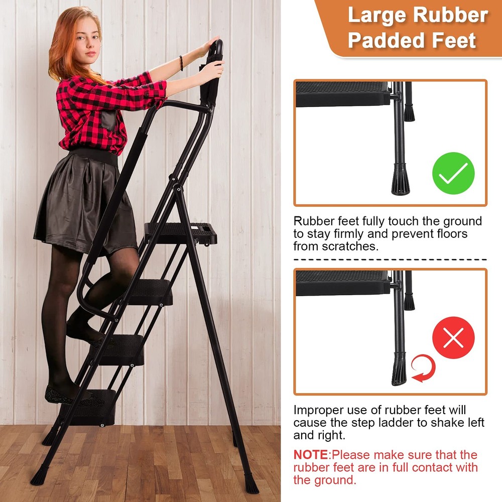 HBTower Step Ladder with Handrails, Folding Stool 4 Ladder, Black