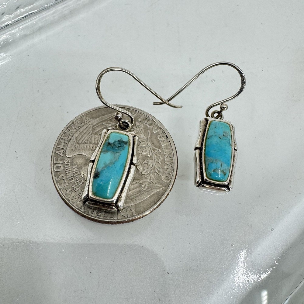 Sterling Silver Turquoise Rectangular Dangle Earrings 1” 3.3g