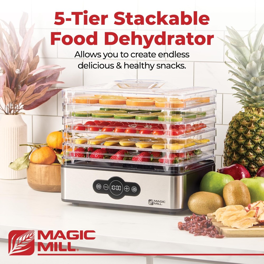 Magic Mill Food Dehydrator Machine | 5 Stackable Stainless Steel Trays, 48H D...