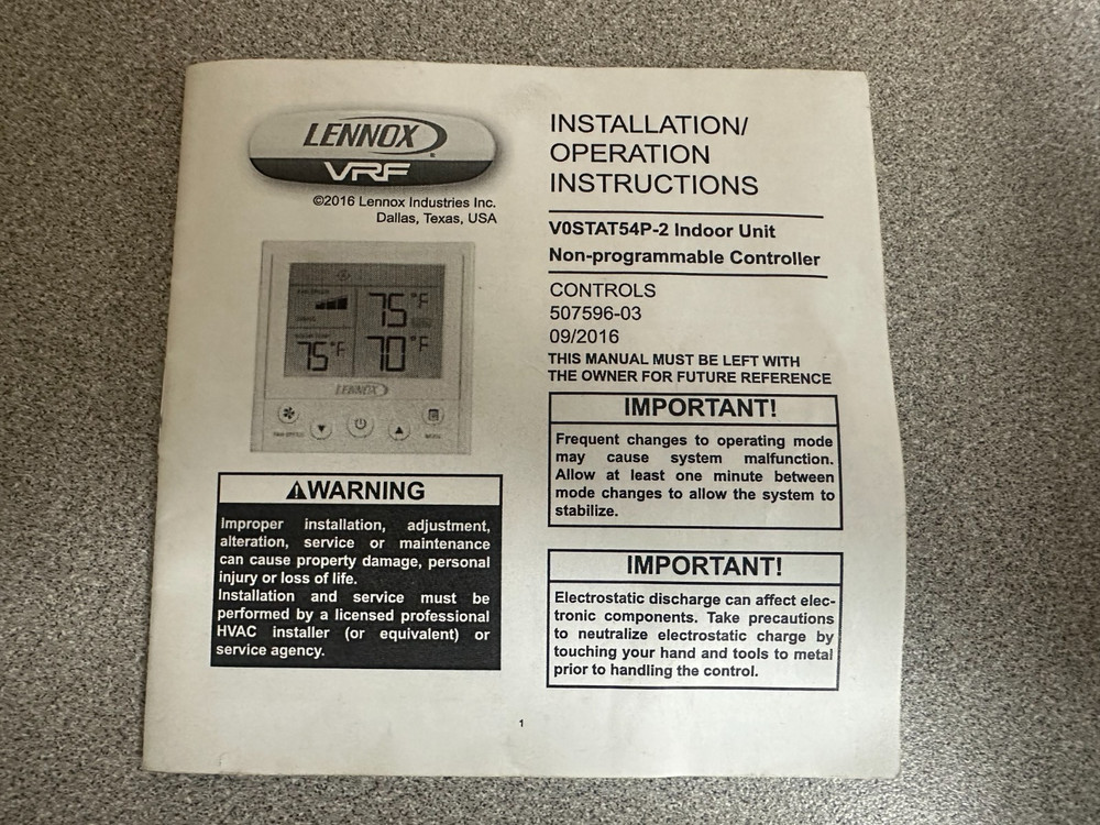 Lennox Wired Controller, Non-Programmable, V0STAT54P-2, VRF