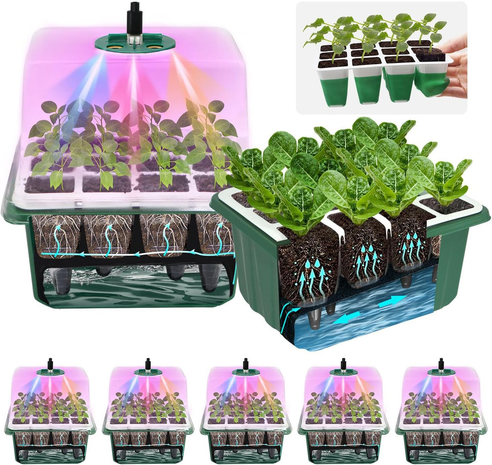 Self-Watering Seed Starter Tray Set with Grow Light - 5 Pack, 60 Cells