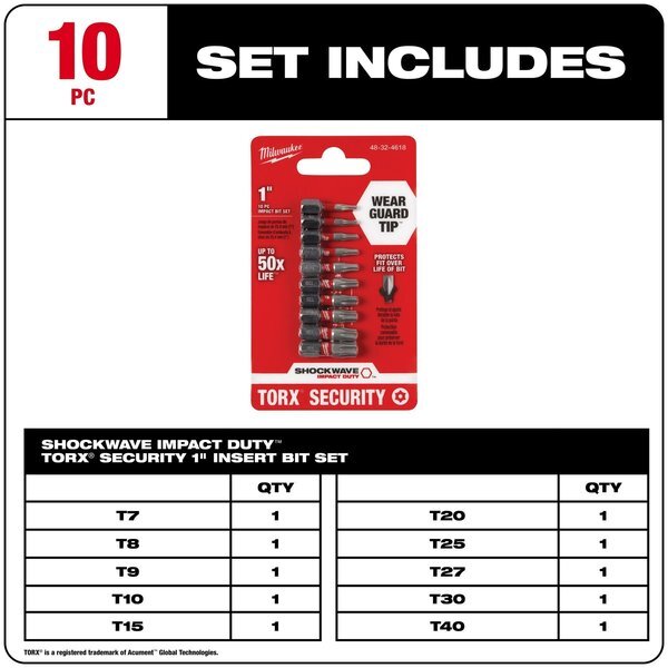 Milwaukee Tool 48-32-4618 Shockwave Torx Security Insert Bit Set - 10Pc