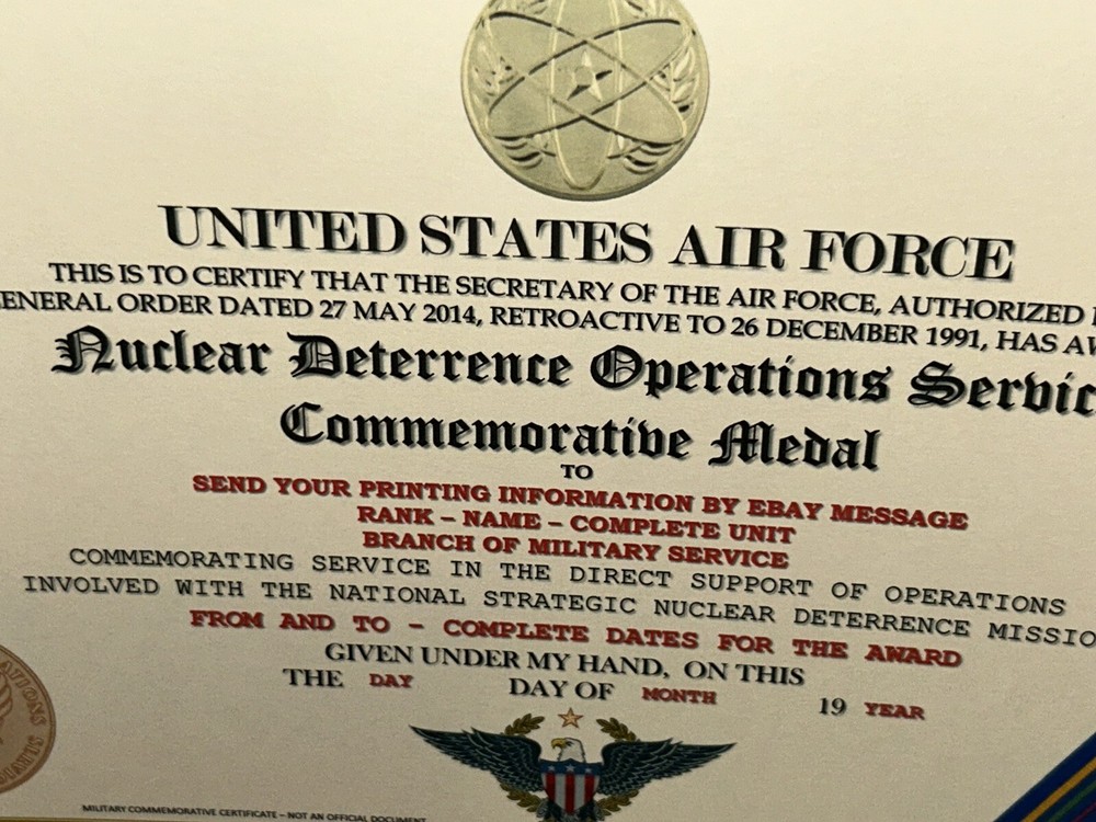 NUCLEAR DETERRENCE OPERATIONS MEDAL COMMEMORATIVE CERTIFICATE ~ W/PRINTING T-1