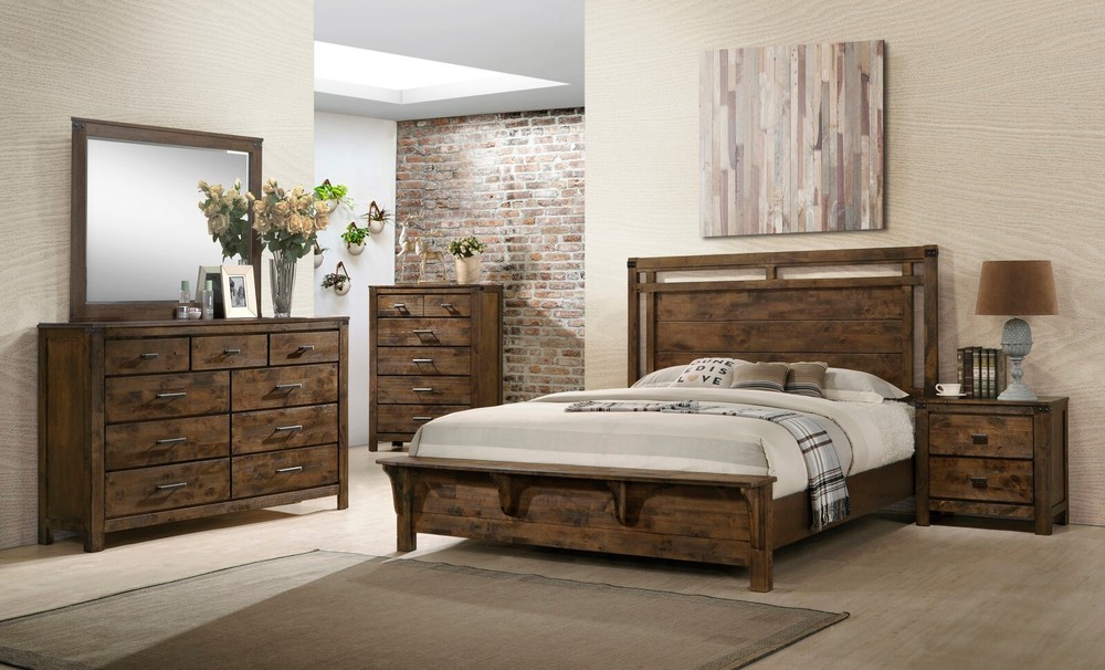 1pc Rustic King Size Build in Bench Footboard Panel Bed Brown Finish Solid Wood