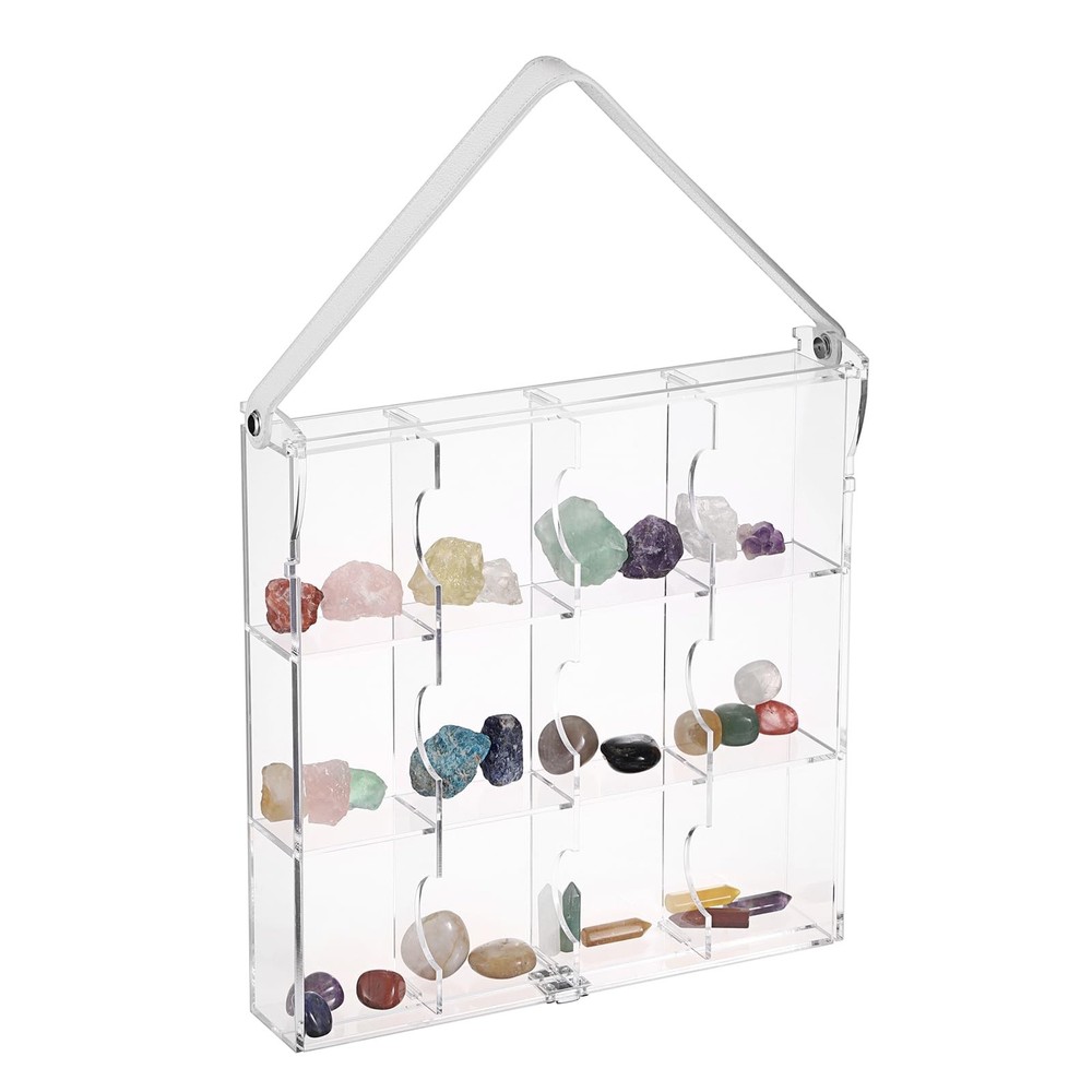 ELLDOO Adjustable Rock Display Case with PU Handle, 12 Compartments Clear Acr...