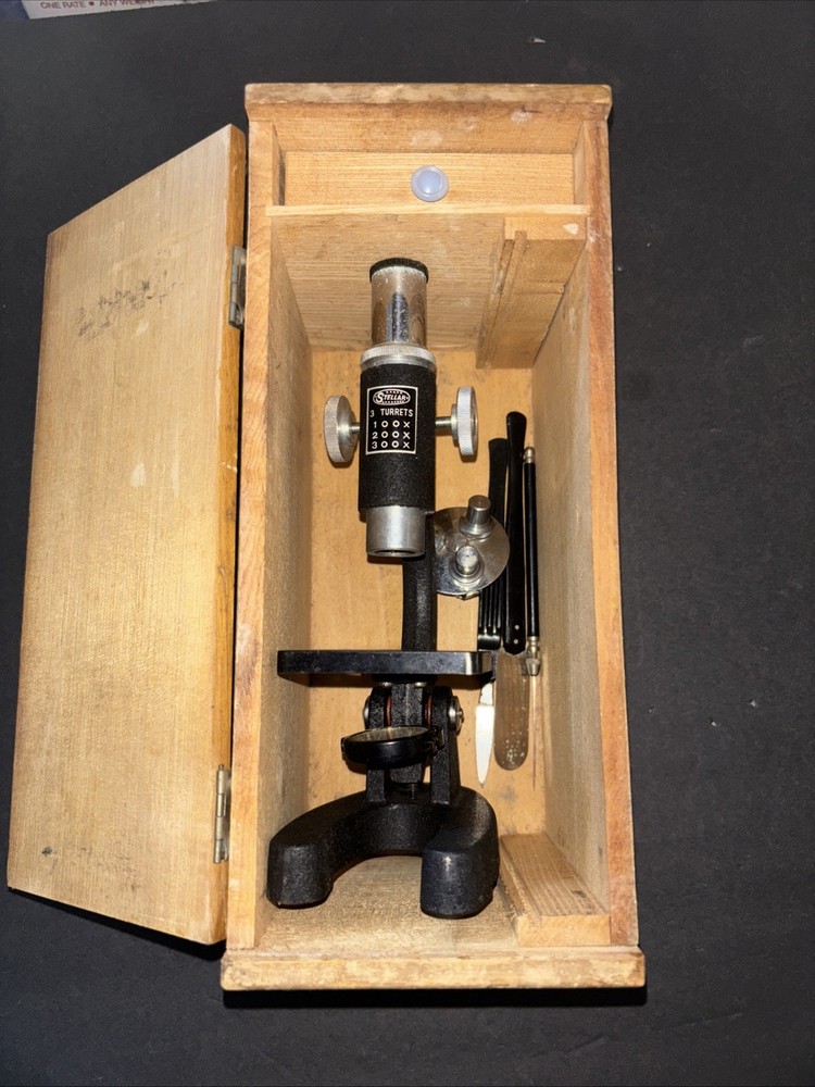 Vintage Stellar 3-turrets Microscope Original Box with Specimens