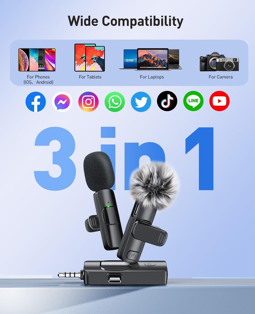 3-in-1 Mini Microphone for iPhone: Wireless Lavalier Microphone with 80ft Ran...