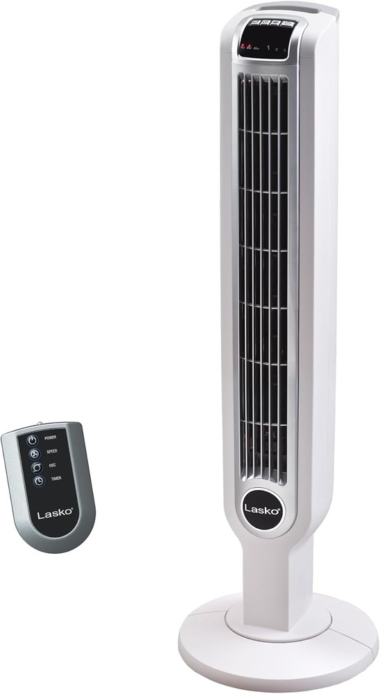 Lasko Oscillating Tower Fan with Remote Control, 3 Quiet Speeds, Timer for Bedro