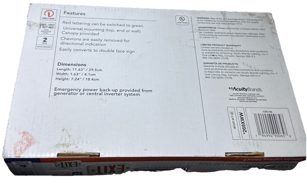 Lithonia Lighting EXRG M6 LED Exit Sign Battery Red/Green Interchangeable