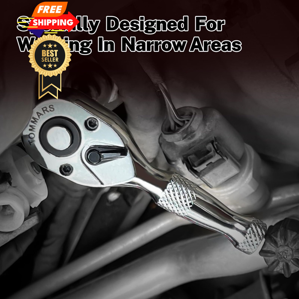 TOMMARS Stubby Ratchet Set, 1/4", 3/8", 1/2" Drive, Silver
