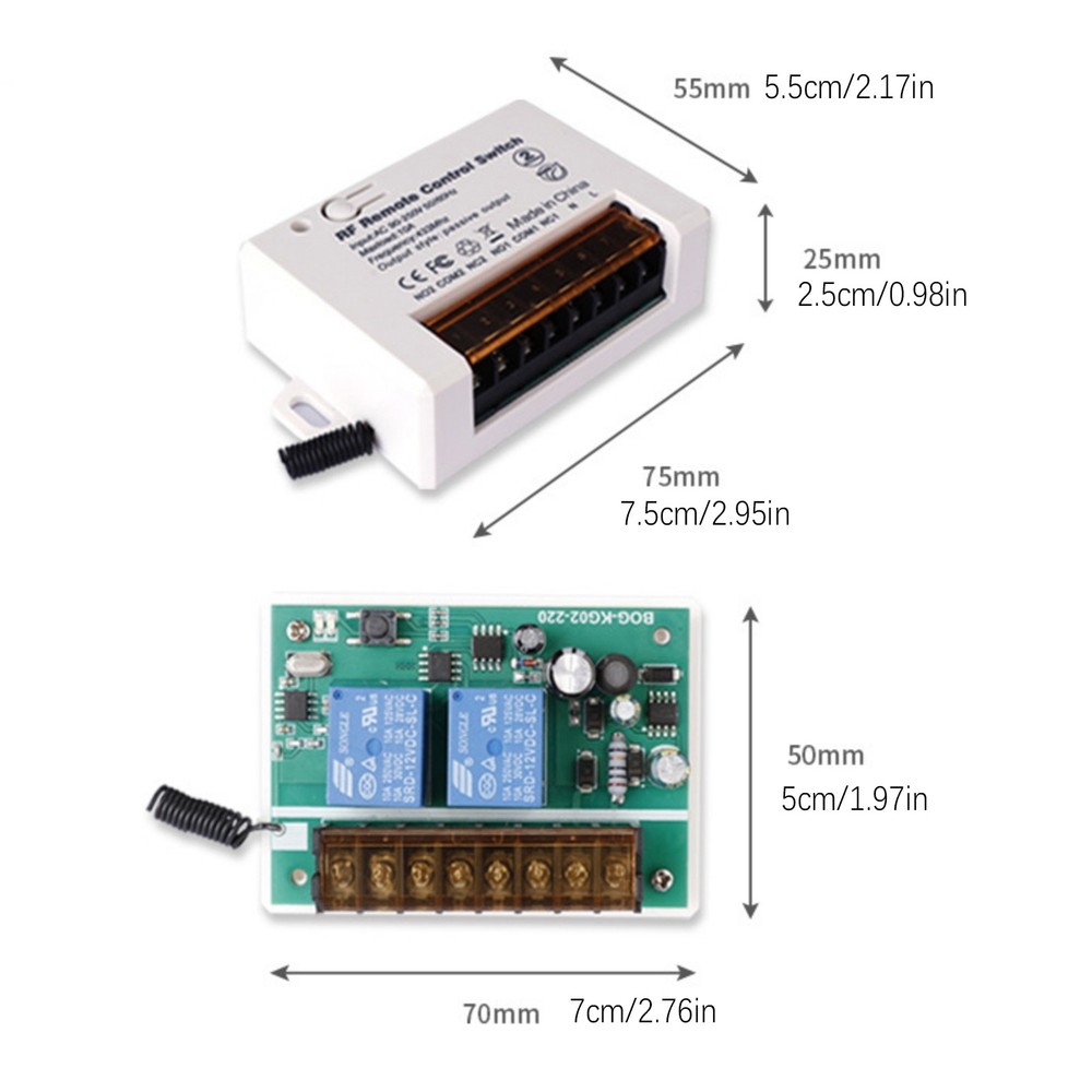 2Ch Relay Receiver Wireless Remote Control Switch for Garage/Gate 220V 110V