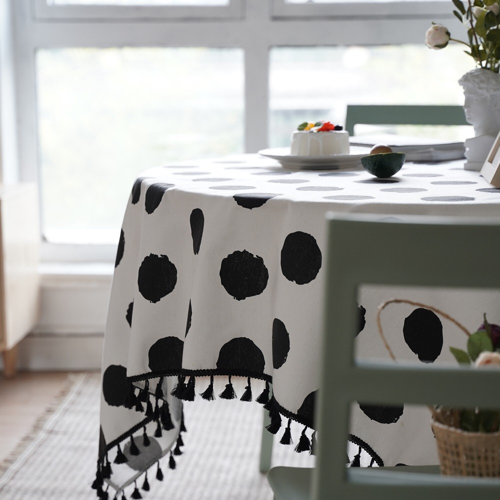 Round Tablecloth Tassel Black White Printed Oval Dot Rectangular Table Cloth