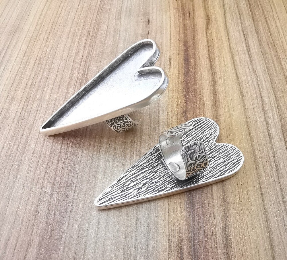 Large Heart Ring Blank Settings, Cabochon Mounting, Adjustable Antique Silver