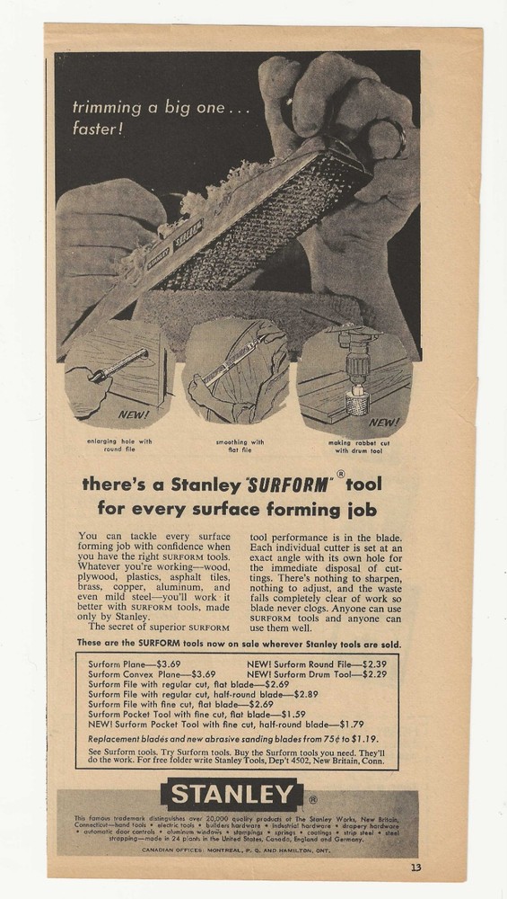 Vintage Magazine Advertisement for Stanley SURFORM tool