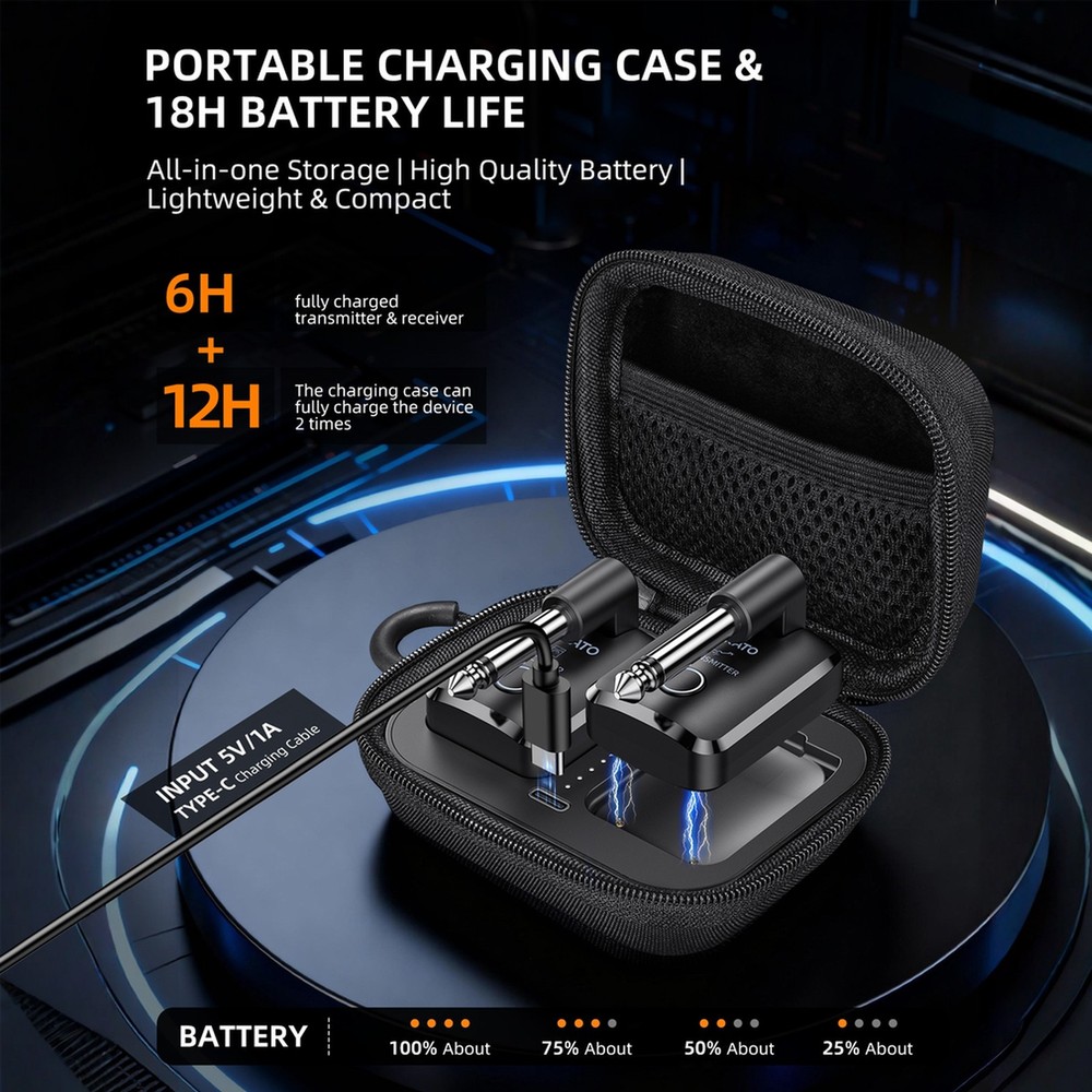 LEKATO Wireless Guitar System with Charging Case 2.4GHz Transmitter Receiver