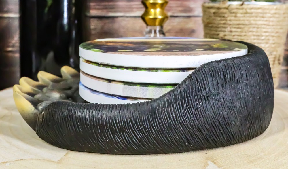 Rustic Forest Black Bear Clawed Paw Coaster Holder With 4 Trail Bears Coasters