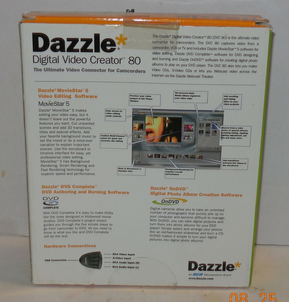DAZZLE DVC-80 Digital Video Creator 80 Video Capture Device RCA USB Cable Disc