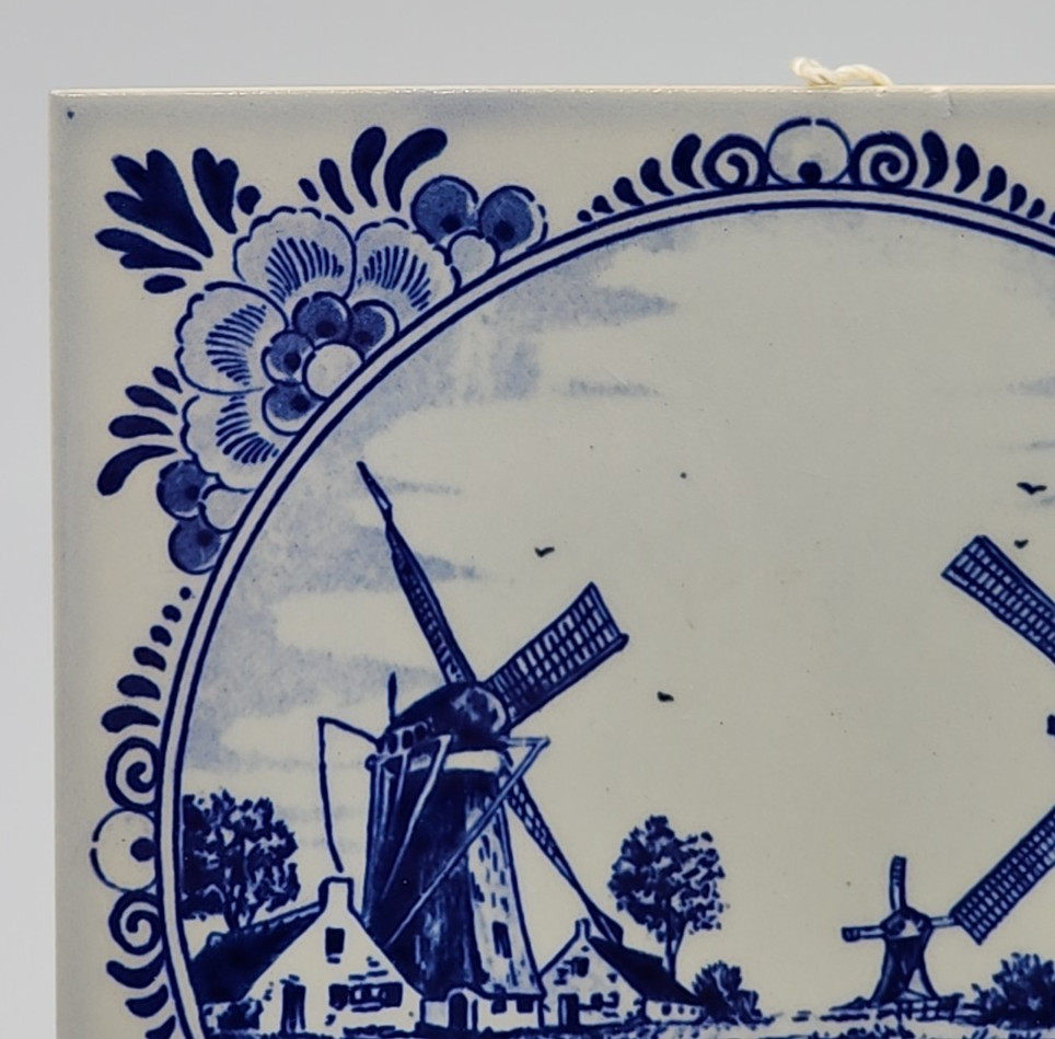 Delft Blauw Two Windmills on River Tile 6" x 6"
