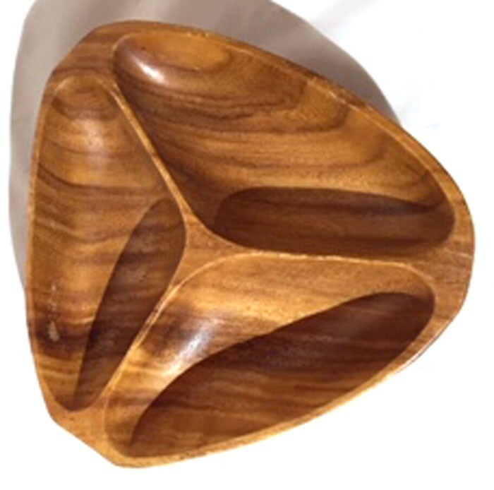 VINTAGE TRIANGULAR 3 SECTION DIVIDED WOOD DISH TRINKET JEWELRY SNACKS CANDY