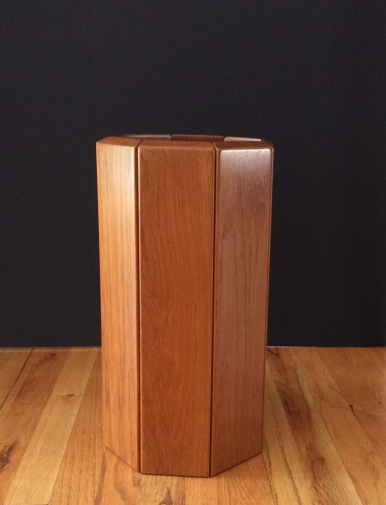 Danish Modern Mid Century Solid Teak Octagon Panel “Umbrella” Stand With Glass