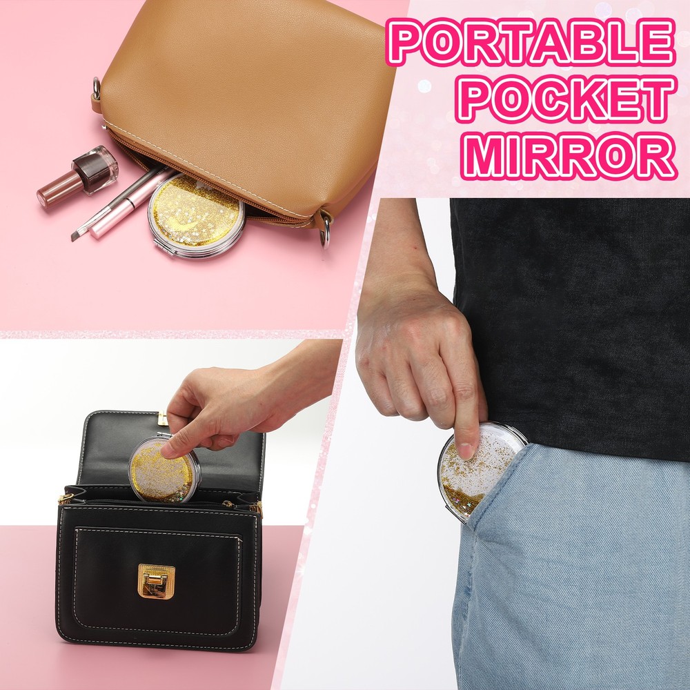 Glitter Pocket Mirror, Round Double-Sided Compact Mirror, Pink