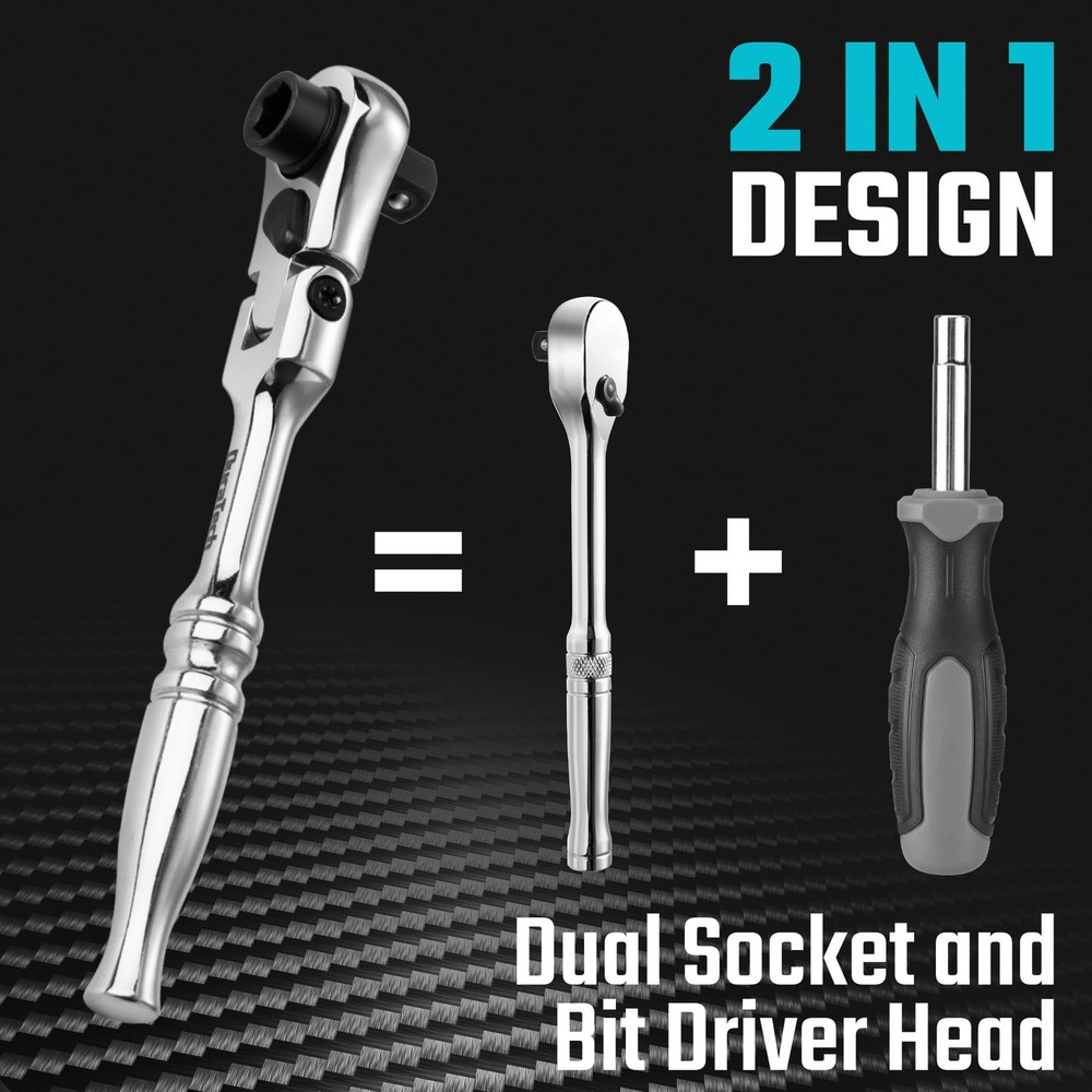 DURATECH 1/4" Drive Ratchet Handle, 2 in 1 Flex Head Ratchet, Socket&Bit...