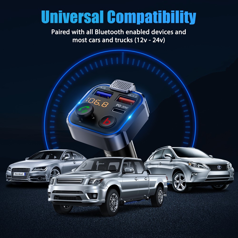 LENCENT Bluetooth 5.0 Car Wireless FM Transmitter Adapter 2 USB PD Charger