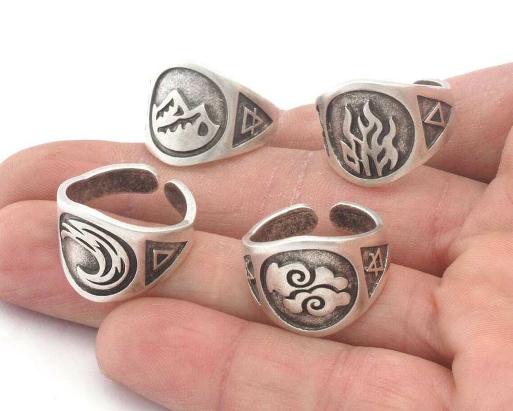 Four Elements Symbol Embossment Ring Adjustable Antiquesilver Brass (6-10US)4671