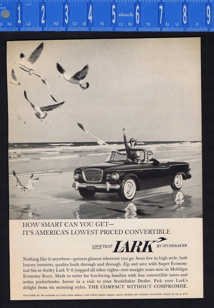 1960 STUDEBAKER LARK Convertible on Beach w/ Gulls - VINTAGE AD