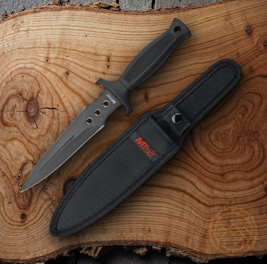 MTech Fixed Dagger 6.75" Black Finish Double Edge 440 Steel Blade Rubber Handle