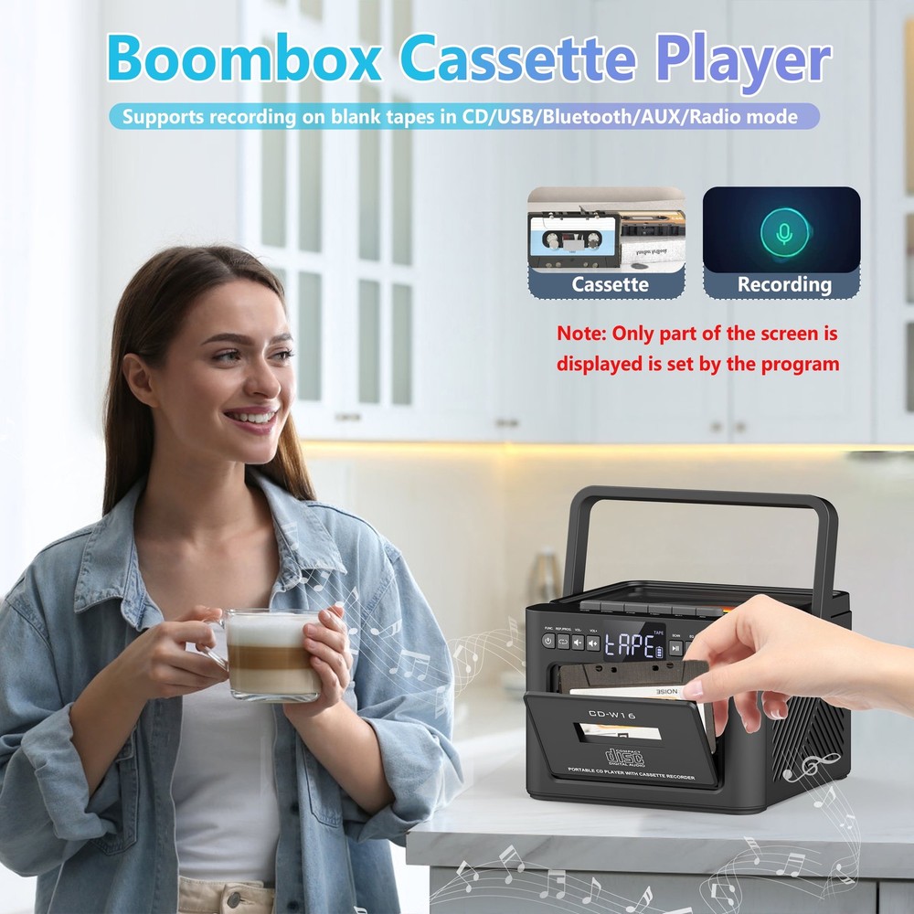 Bluetooth CD Cassette Boombox Player, Portable Rechargeable CD Player with Type-