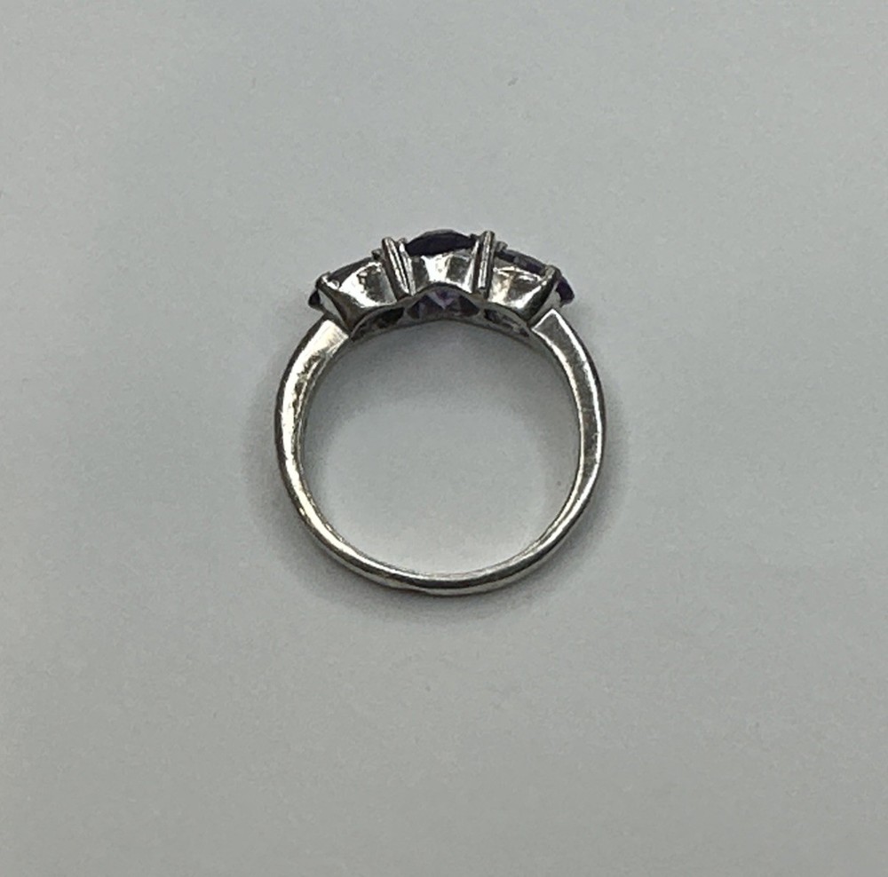 Elegant 925 Sterling Silver Amethyst Three Stone Ring / Size 9