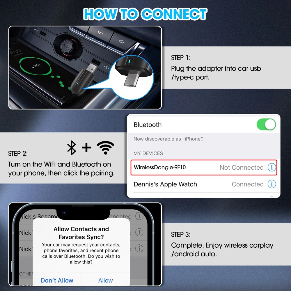 Wireless CarPlay Android Auto Adapter: 2 in 1 Car Dongle with USB Type-C...