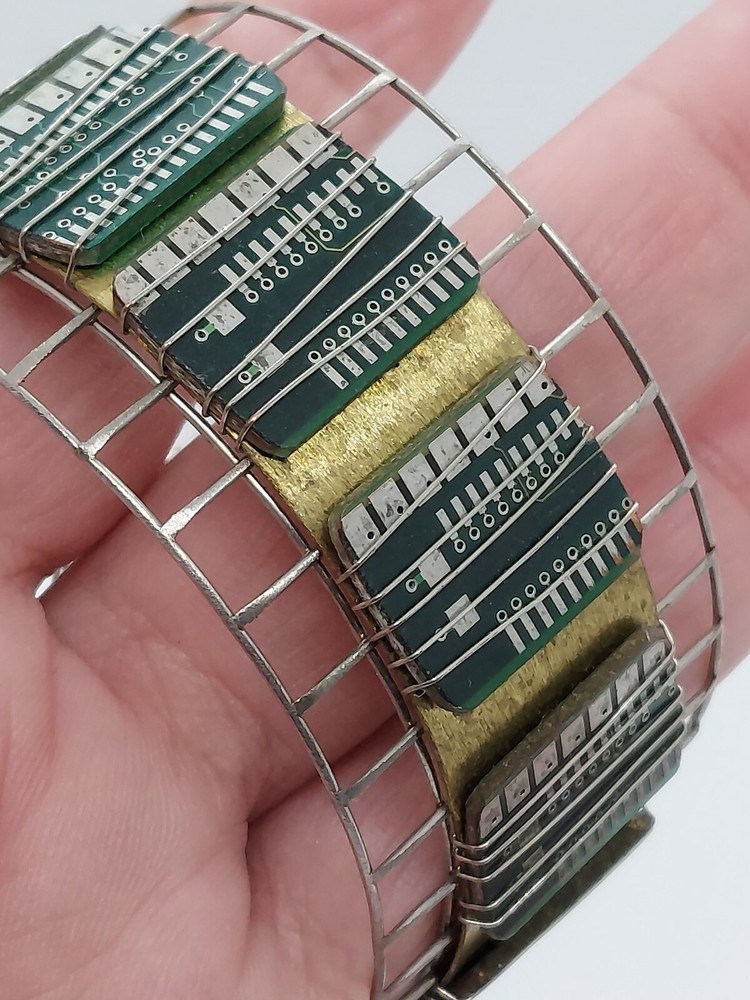 Artisan Computer Chip Bracelet Silver Tone Wire Brass Cuff