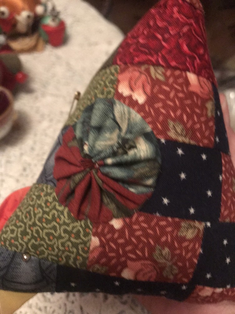 vintage patchwork pin cushion with crocheted Thimble cover & Thimble