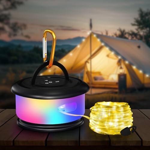 Camping String Lights, Retractable 32.8ft RGB Flash Lamp, Rechargeable 1 Black