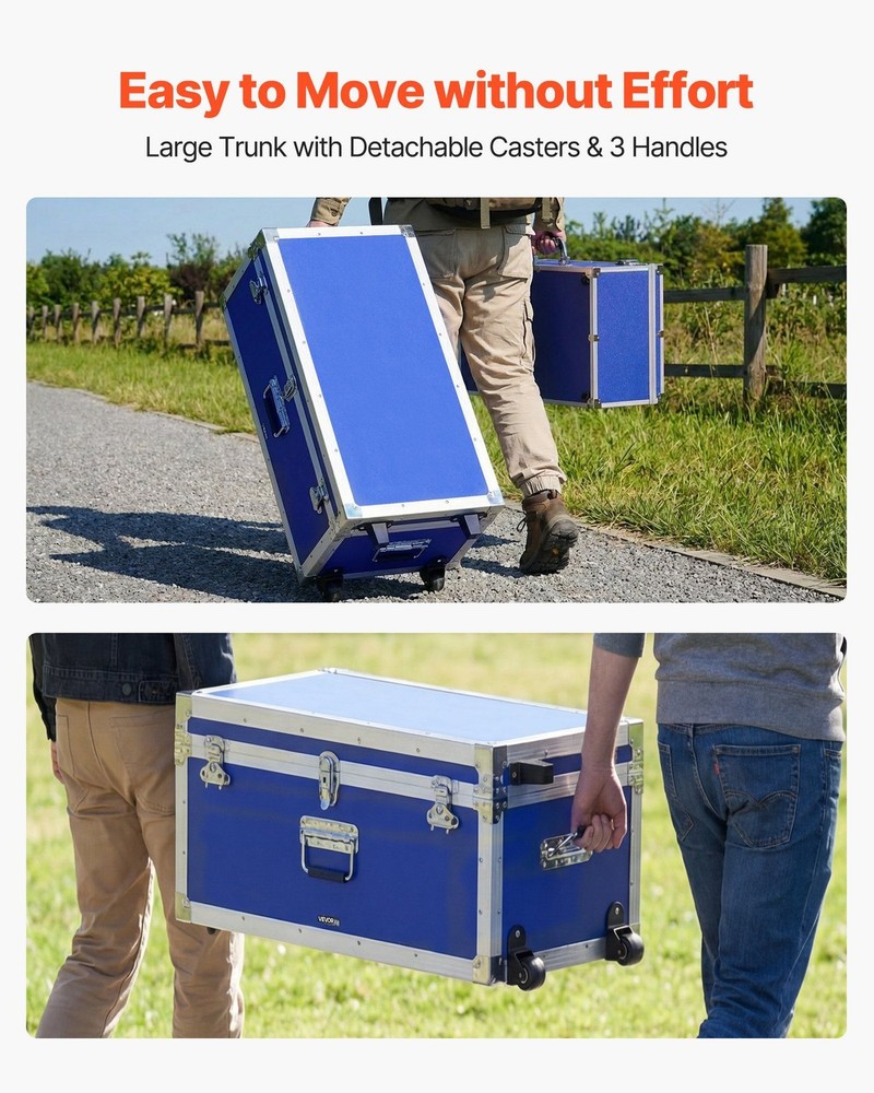 Blue Storage Trunk Set: Large w/ Padlock & EVA Lining, Small w/ Latch, 2-Piece
