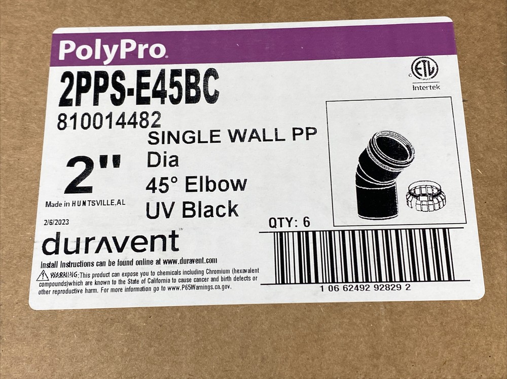 DuraVent PolyPro 2PPS-E45BC - 2" Single Wall PP - Elbow 45 Degree UV Black Qty:6