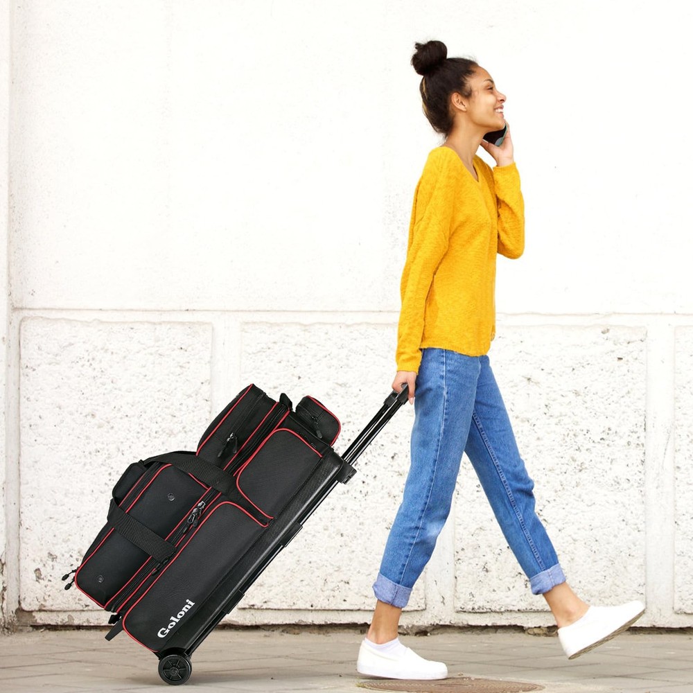 Rolling Bowling Bag for 3 Balls & Accessories with Retractable Handle