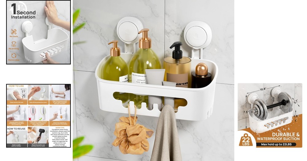 Removable Shower Organizer - Secure Suction Cup Holder for Bath Essentials