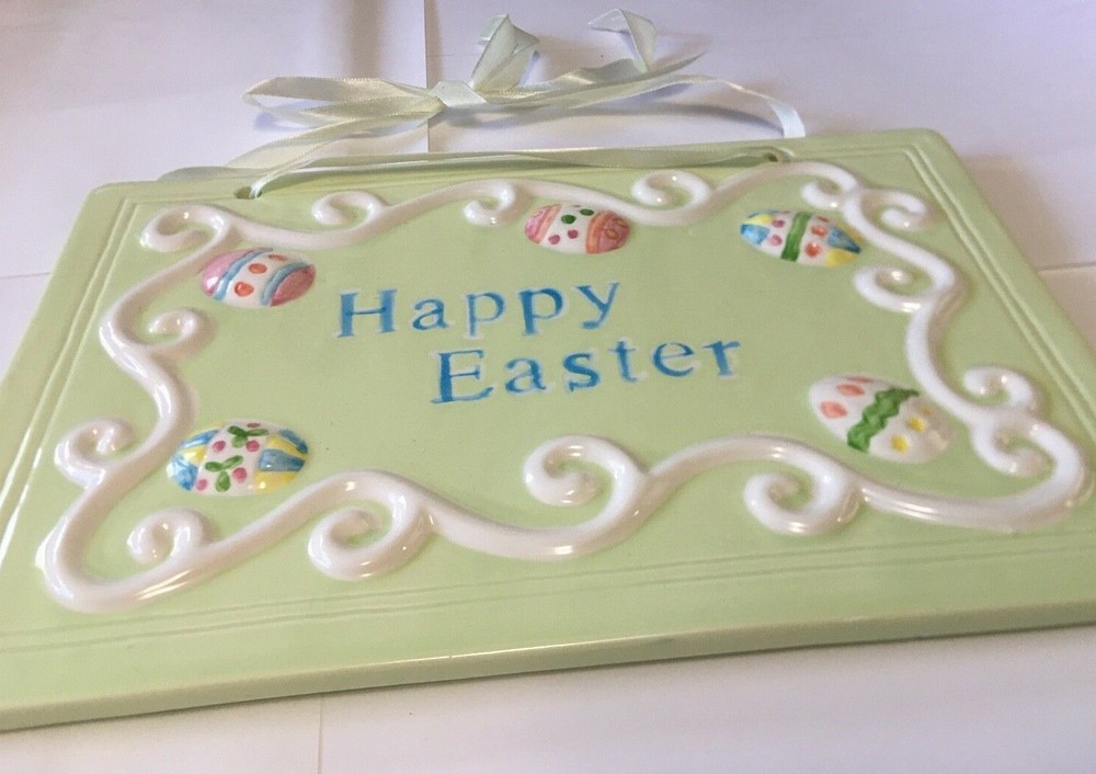 Ceramic Happy Easter Wall Decoration Sign Plaque Easter Eggs Ribbon Hangar