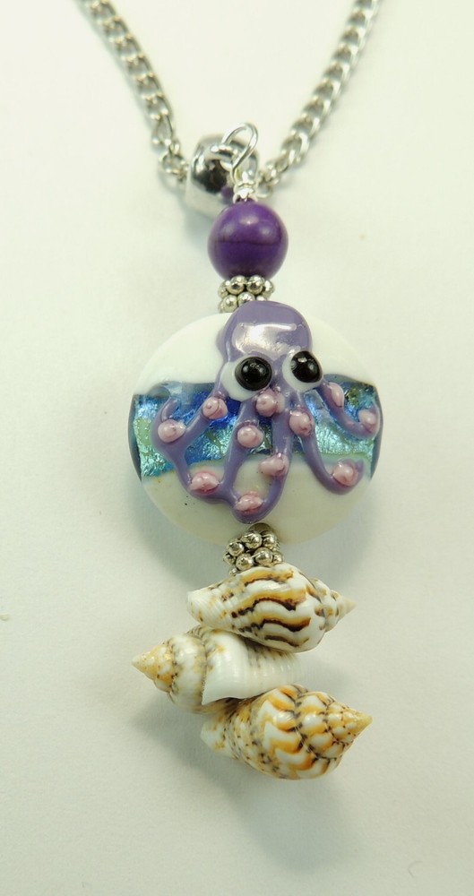 Lampwork Purple White Octopus Shell & Howlite Necklace Statement Handmade